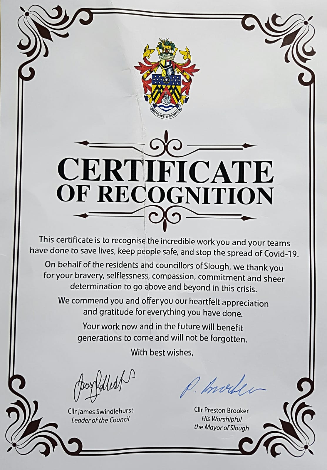 Certificate of Recognition for Ujala's support of the Slough Community